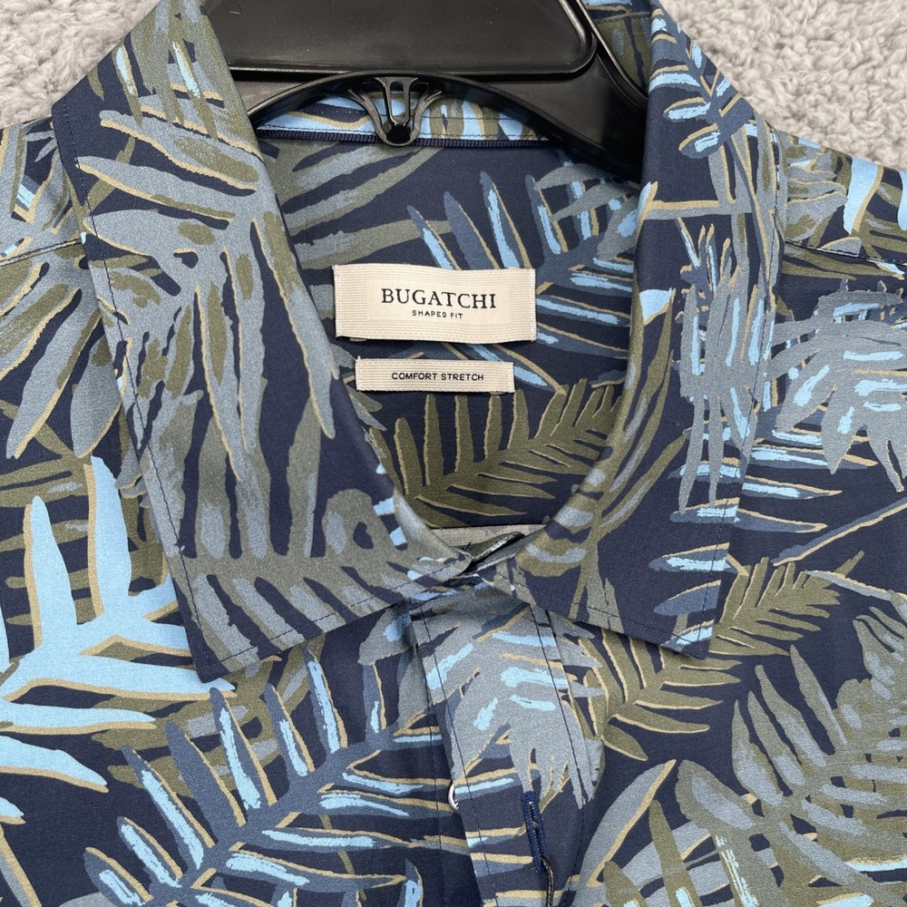Bugatchi Mens XXL Blue Short Sleeve Shirt Comfort Cotton Floral Shaped Fit